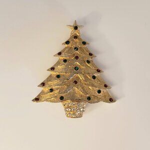 Vintage Christmas Tree Brooch Pin Red Green Clear Crystals Gold Tone Unsigned